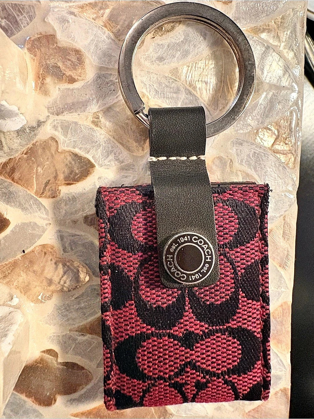 Coach Mini Skinny ID Case in Signature Jacquard Black & Red w/ leather trim
